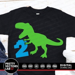 Aniversário de Dinossauro Svg, Dois Rex Svg, 2º Aniversário Svg, Dxf, EPS, PNG, Arquivos de Corte de Segundo Aniversário, Design de Camiseta T-Rex para Meninos, Silhueta, Cricut