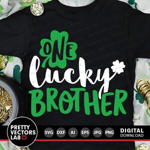 Un hermano afortunado (Svg), archivos de corte del Día de San Patricio, cita divertida (Svg, Dxf, Eps, Png), trébol (Svg), niños (Svg), diseño de camiseta para niño, silueta, Cricut