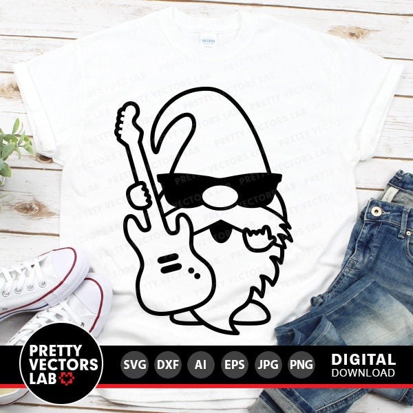 Gnome Svg, Gnome Outline Svg, Gnome with Guitar Cut Files, Funny Svg, Dxf, Eps, Png, Music Clipart, Gnome Shirt Design, Silhouette, Cricut
