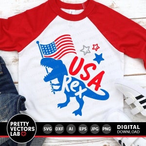 Patriotic Dinosaur Svg, 4th of July Svg, Dino with American Flag Cut Files, USA T-Rex Svg Dxf Eps Png, Kids Shirt Design, Silhouette, Cricut