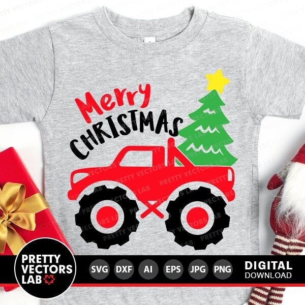 Christmas Truck Svg, Monster Truck Svg, Merry Christmas Svg Dxf Eps Png, Kids Cut File, Boy Shirt Design, Holiday Clipart, Silhouette Cricut