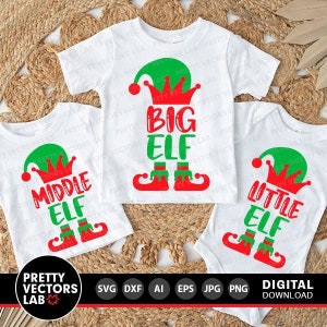 Großer, mittlerer und kleiner Elfen-Svg, Weihnachts-Svg Dxf Eps Png, Siblings-Svg, lustige Feiertags-Schnittdateien, passende Familie Elfen-Svg, Silhouette Cricut