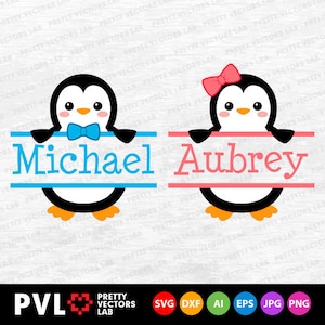 Penguin Svg, Penguins Monogram Svg, Penguin Split Frame Svg Dxf Eps, Cute Baby Girl Boy Penguin, Kids Animals Svg, Kawaii Clipart, Cut Files