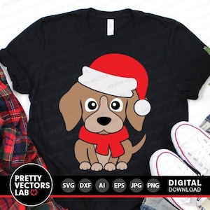 Noël chien Svg, chiot avec bonnet de Noel Svg, vacances drôles Svg Dxf Eps Png, conception de chemise pour enfants, clipart bébé, hiver Svg, Silhouette, Cricut