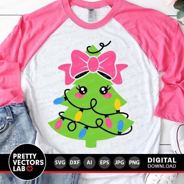 Christmas Tree with Lights Svg, Girl Christmas Svg, Kawaii Christmas Tree Svg Dxf Eps Png, Kids Cut File, Holiday Clipart, Silhouette Cricut