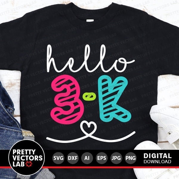 Hello 3K Svg, Back To School Svg, 3-K Cut Files, Teacher Svg Dxf Eps Png, School Shirt Design, 1st Day of School Clipart, Silhouette, Cricut