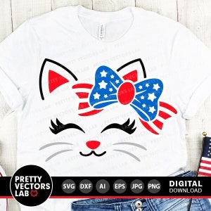 Patriotic Cat Svg, 4th of July Cut Files, Girl Cat Svg, Kitten Face with Bow Svg, Dxf, Eps, Png, USA Clipart, America Svg, Cricut Silhouette