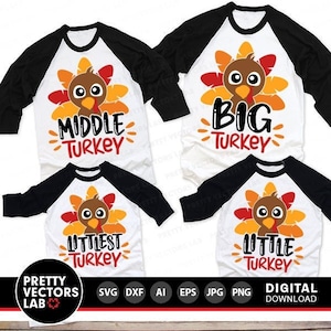 Grote kalkoen Svg, kleine kalkoen Svg, Midden-Turkije Svg, Littlest Turkey Svg, Thanksgiving gesneden bestanden, jongens Svg Dxf Eps Png, silhouet, Cricut