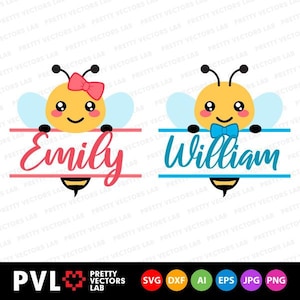 Bee Monogram Svg, Bee Split Frame Svg, Bumble Bee Svg, Dxf, Eps, schattige bijen meisje jongen, ontwerp voor kinderen Svg, Baby, kawaii clipart, gesneden bestanden