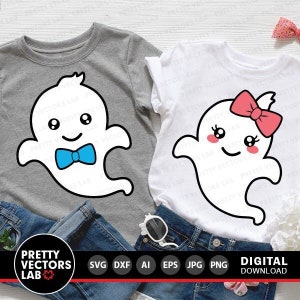 Schattig Ghost Svg, Halloween gesneden bestanden, kleine geesten met strik Svg, Boy & Girl Ghost Svg, Kids Svg Dxf Eps Png, baby clipart, silhouet Cricut
