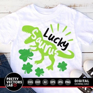 Lucky Saurus Svg, Dinossauro de São Patrício Svg, Dia de São Patrício T-Rex Svg Dxf Eps PNG, Arquivos de Corte de Dino com Trevos, Crianças, Silhueta, Cricut