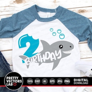 Hai 2.Geburtstags-Svg, Jungen-Geburtstags-Svg Dxf Eps Png, zweiter Geburtstag Schnittdateien, zwei Jahre Jungen-Svg, Haifisch-Shirt-Design, Silhouette, Cricut