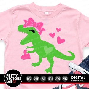 Girl Dinosaur Svg, Cute Dinosaur with Bow Svg, Girls Valentine T-Rex Cut Files, Kids Svg, Dxf, Eps, Png, Birthday Party, Silhouette, Cricut