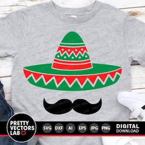 Sombrero SVG, Chapéu Mexicano SVG, Bigode SVG, Cinco de Mayo SVG DXF EPS PNG, Arquivos de Corte do México, Festa, Clipart Engraçado Infantil, Silhueta, Cricut