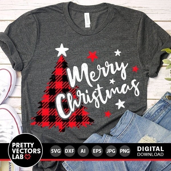 Merry Christmas Svg, Buffalo Plaid Christmas Tree Svg, Holiday Quote Svg Dxf Eps Png, Farmhouse Sign Svg, Winter Clipart, Silhouette, Cricut