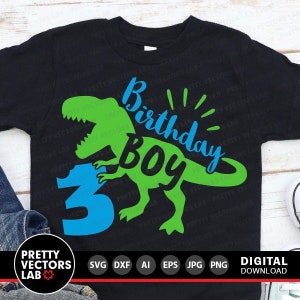 Dinosaurio cumpleaños niño SVG, Tres Rex SVG, 3er cumpleaños SVG DXF EPS PNG, Archivo de corte de tercer cumpleaños, Diseño de camiseta de T-Rex, Niños, Silueta Cricut