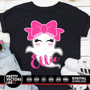 May include: A black t-shirt with a white ghost wearing a pink bow and the name "Ellie" in pink letters.