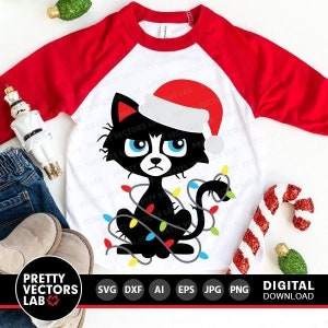 Svg de chat de Noël, chat drôle avec des lumières de Noël, fichiers de coupe bonnet de Noel, Svg drôle, Dxf, Eps, Png, conception de chemise pour enfants, Silhouette, Cricut