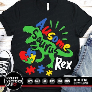 Dinosaurio con autismo SVG, Archivos de corte de T-Rex con autismo, Clipart de Ausomesaurus Rex, Concienciación sobre el autismo SVG DXF EPS PNG, Sublimación PNG, Silueta, Cricut
