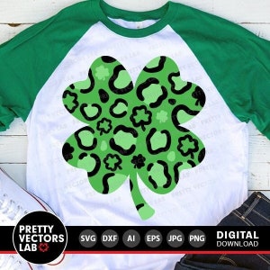 Trifoglio fortunato in formato SVG, file di taglio per il giorno di San Patrizio, trifoglio leopardato in formato SVG DXF EPS PNG, trifoglio irlandese in formato SVG, bambini, ragazze in formato SVG, silhouette, Cricut