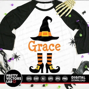 Hexen-Monogramm-Svg, Halloween-Svg, Hexenhut und Füße zwar, Dxf, Eps, Png, Hexenbeine Schnittdateien, Halloween-Shirt-Design, Silhouette, Cricut