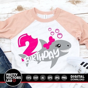 Hai 2.Geburtstags-Svg, Mädchen-Geburtstags-Svg Dxf Eps Png, zweiter Geburtstag Schnittdateien, zwei Jahre Mädchen-Svg, Haifisch-Shirt-Design, Silhouette Cricut