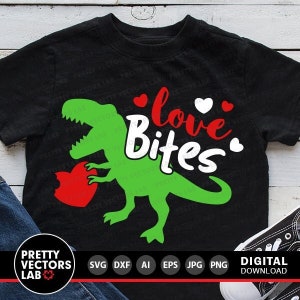 Love Bites Svg, San Valentín para niño Svg, Dinosaurio con corazón Svg, San Valentín T-Rex Svg Dxf Eps Png, Archivos de corte divertidos para niños, Silueta, Cricut