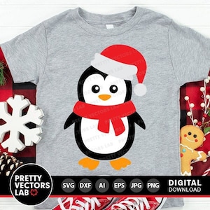 Pingüino navideño SVG, Pingüino con gorro de Papá Noel SVG, Archivos de corte para niños, Invierno SVG DXF EPS PNG, Clipart de bebé, Camiseta navideña SVG, Silueta, Cricut