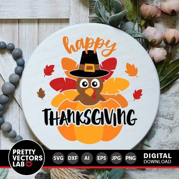 Happy Thanksgiving Svg, Turkey with Pumpkin Svg, Farmhouse Svg, Round Sign Svg, Fall Cut Files, Autumn Svg, Dxf, Eps, Png, Silhouette Cricut
