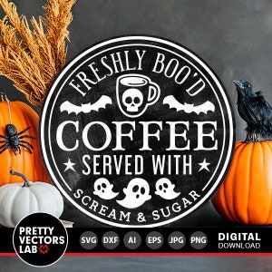 Frisch Boo'd Kaffee-Svg, Halloween-Schnitt-Dateien, Kaffee-rundes Zeichen-Svg Dxf Eps Png, lustiges Zitat, bedruckbar, Wohnkultur Png, Silhouette, Cricut