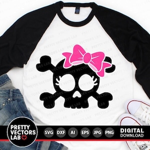 Skull Svg, Halloween Svg, Cute Skull with Bow Svg, Dxf, Eps, Png, Girls Cut Files, Girl Skull Clipart, Kids Shirt Design, Silhouette, Cricut