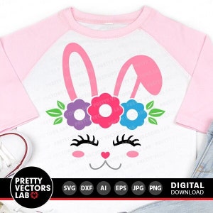 Hasen-Svg, Osterschnitt-Dateien, Hasengesicht-Svg Dxf Eps Png, Mädchen-Häschen Clipart, Kindergeburtstag Svg, Kaninchen mit Blumen Svg, Silhouette, Cricut