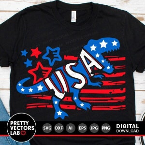 Patriotic Dinosaur Svg, 4th of July Cut Files, USA T-Rex Svg Dxf Eps Png, Dino American Flag Svg, Kids, Sublimation Png, Silhouette, Cricut