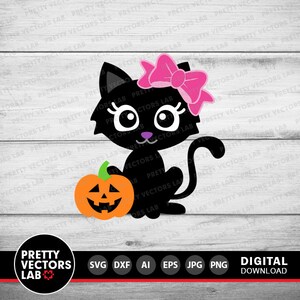 May include: A black cat with a pink bow holding a jack-o'-lantern. The cat has large eyes and a cute expression. The jack-o'-lantern has a traditional carved face.