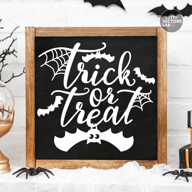 Trick or Treat SVG, Halloween Laser Cut Files, Spooky Sign Svg Png, Door Hanger Svg Png, Halloween Porch Decor, Glowforge Silhouette Cricut image 2