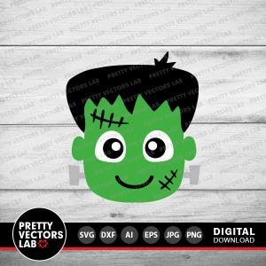 May include: A green Frankenstein's monster face with black hair, white eyes, and stitches. The design includes a smiling mouth and gray bolts on the sides. The image is a digital download.