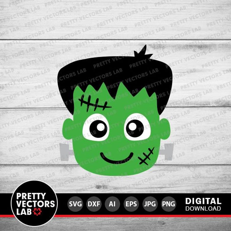 May include: A green Frankenstein's monster face with black hair, white eyes, and stitches. The design includes a smiling mouth and gray bolts on the sides. The image is a digital download.