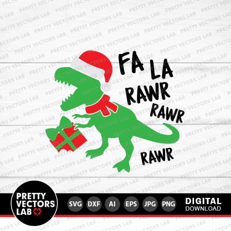Puede incluir: Un dinosaurio verde con un gorro de Pap&aacute; Noel rojo y una bufanda roja sostiene una caja de regalo roja y blanca. El dinosaurio est&aacute; de pie sobre un fondo de madera blanca con el texto "Fa La Rawr Rawr Rawr" en negro.