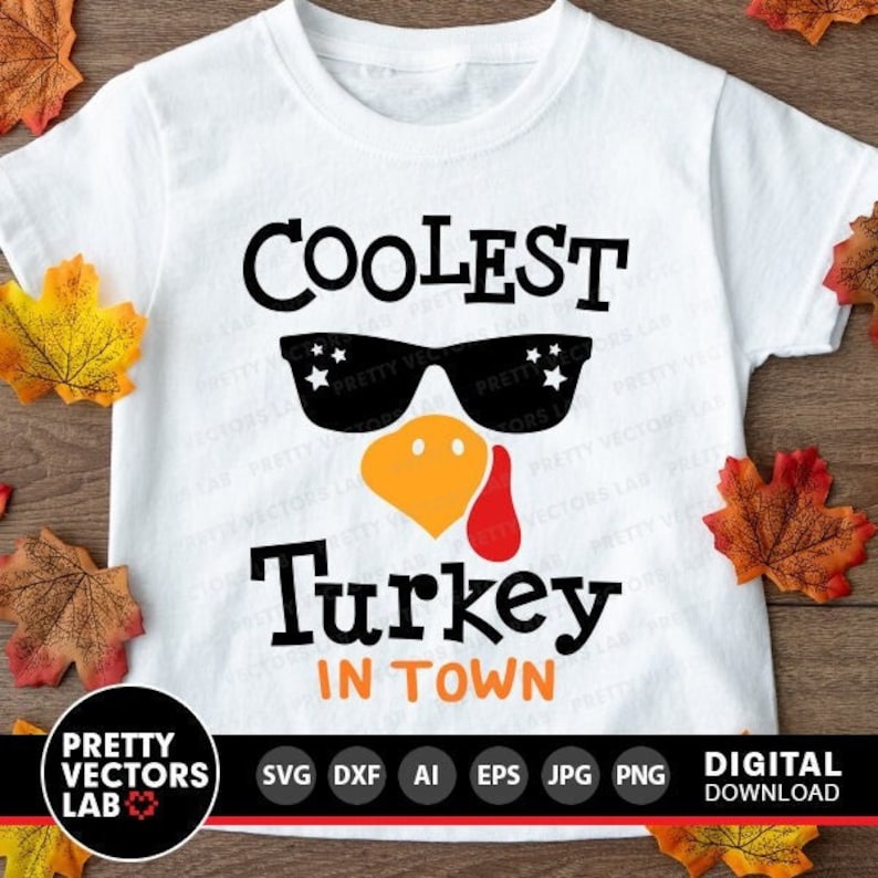 May include: White t-shirt with a black and orange turkey graphic. The turkey is wearing sunglasses and the text "Coolest Turkey in Town" is printed below the image.