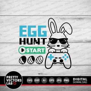 K&ouml;nnte beinhalten: Eine Schwarzwei&szlig;illustration eines Kaninchens mit Sonnenbrille, das einen Videospielcontroller h&auml;lt. Der Text "EGG HUNT START" befindet sich &uuml;ber dem Kaninchen. Unter dem Kaninchen befinden sich vier schwarze und wei&szlig;e Eier.