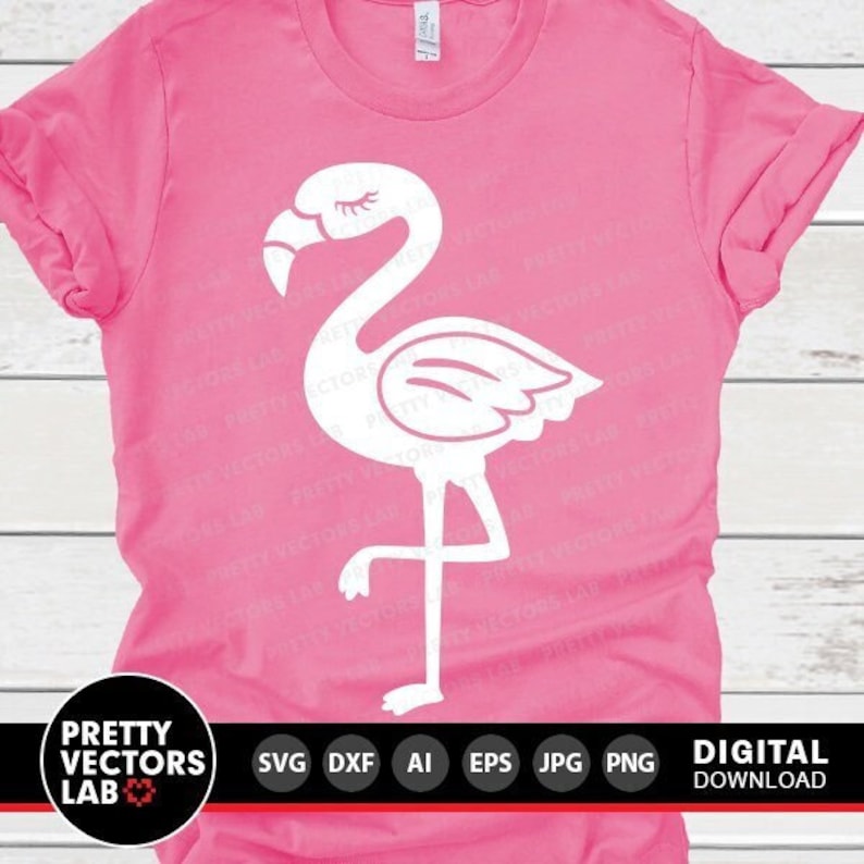 May include: A white flamingo silhouette on a pink t-shirt. The flamingo is standing on one leg with its head tilted to the side. The t-shirt is a popular choice for summer fashion.