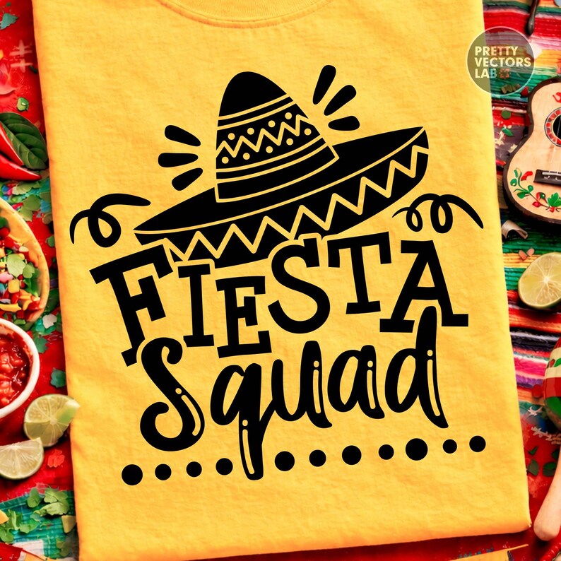 May include: Yellow t-shirt with a black sombrero graphic and the words "Fiesta Squad". The design includes decorative elements and dots. The shirt is likely for a Cinco de Mayo or Mexican-themed event.