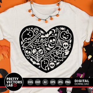 May include: Black and white Halloween-themed design featuring a heart shape filled with various spooky icons, including ghosts, bats, skulls, spiders, bones, and the word "BOO".