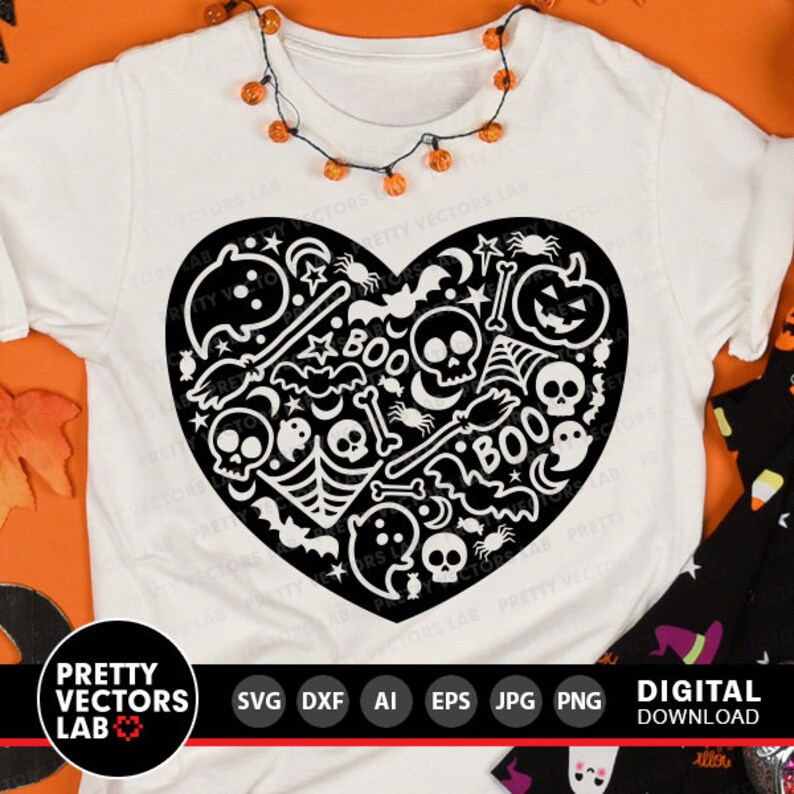 May include: Black and white Halloween-themed design featuring a heart shape filled with various spooky icons, including ghosts, bats, skulls, spiders, bones, and the word "BOO".