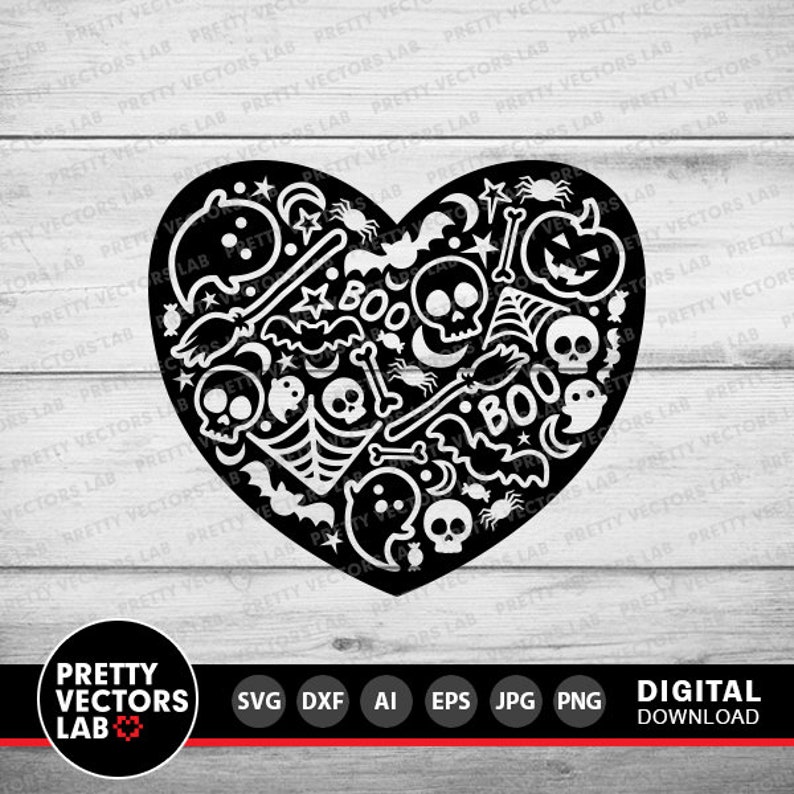 May include: Black and white heart-shaped design with various Halloween-themed elements, including bats, ghosts, skulls, spiders, bones, and the words "Boo" and "Boo!"