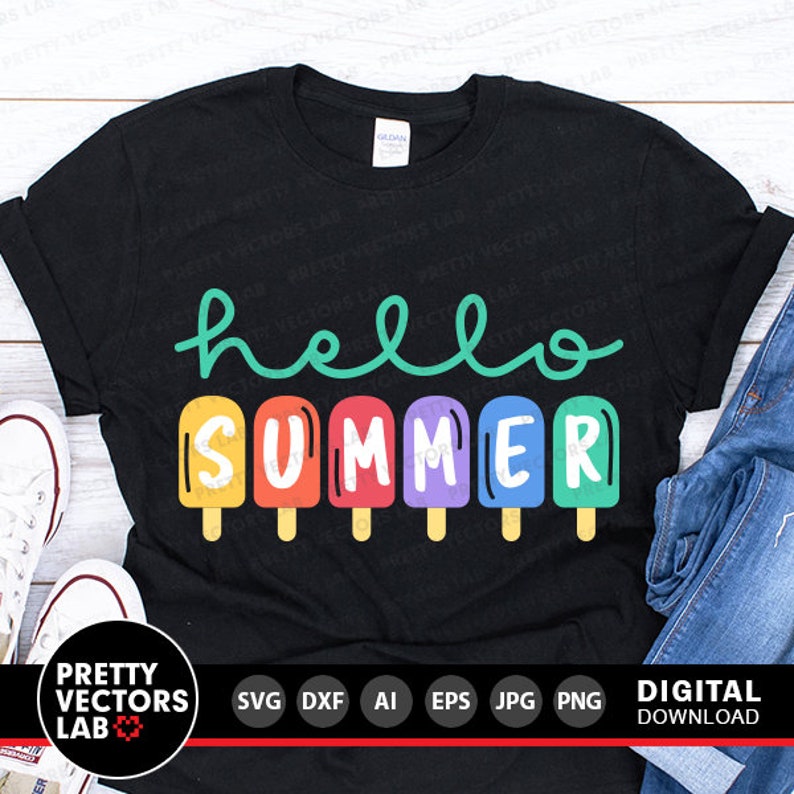 May include: A black t-shirt with the text "hello summer" in green and a row of colorful popsicle graphics.
