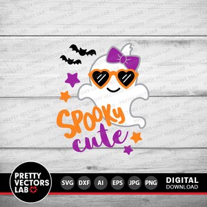 May include: A cute ghost wearing sunglasses and a purple bow, with the text "Spooky cute" in orange and purple letters. There are also purple and orange stars around the ghost.