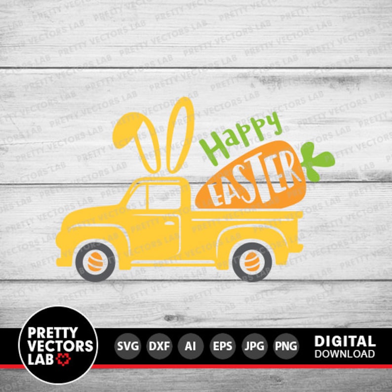 Puede incluir: Una camioneta amarilla con orejas de conejo en la cabina, transportando una zanahoria grande con el texto "Happy Easter" en ella.
