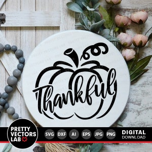 May include: Black and white digital download design of a pumpkin with the word "thankful" written inside. The design is perfect for fall crafts, home decor, and more.
