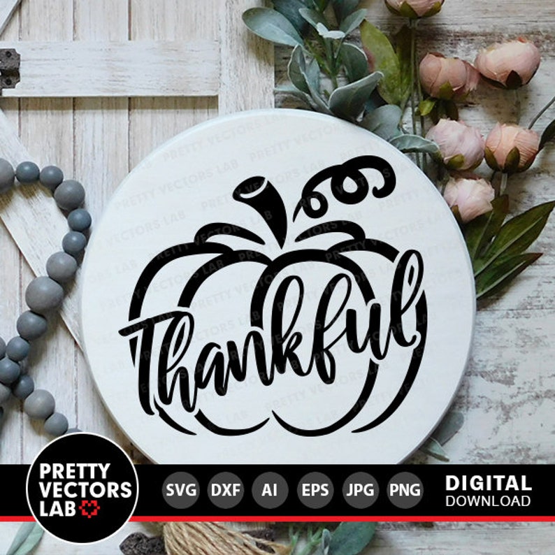 May include: Black and white digital download design of a pumpkin with the word "thankful" written inside. The design is perfect for fall crafts, home decor, and more.